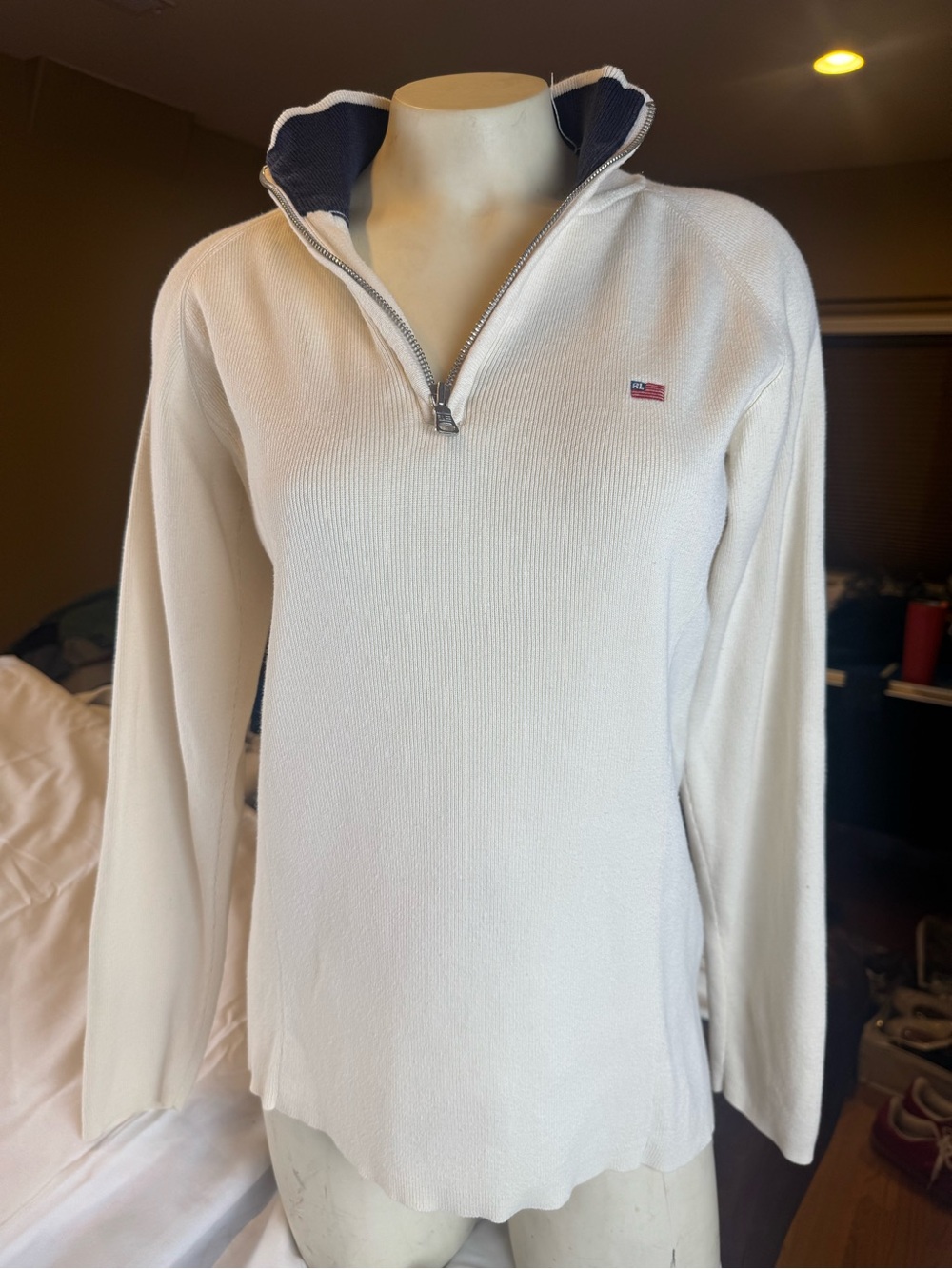 VTG Ralph Lauren Women's Cream preppy Quarter-Zip Pullover with Navy Trim
